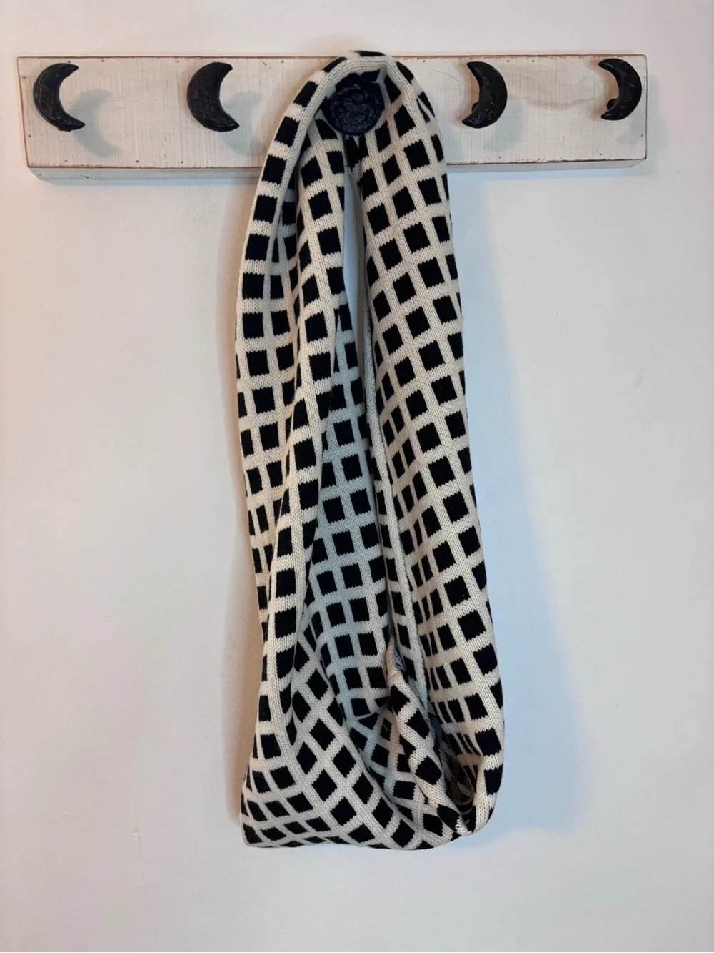 J. Crew Black and Cream Grid Knit Wool Blend Infinity Scarf